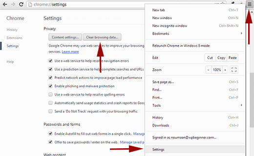 Clearing cookies and cache in Google Chrome
